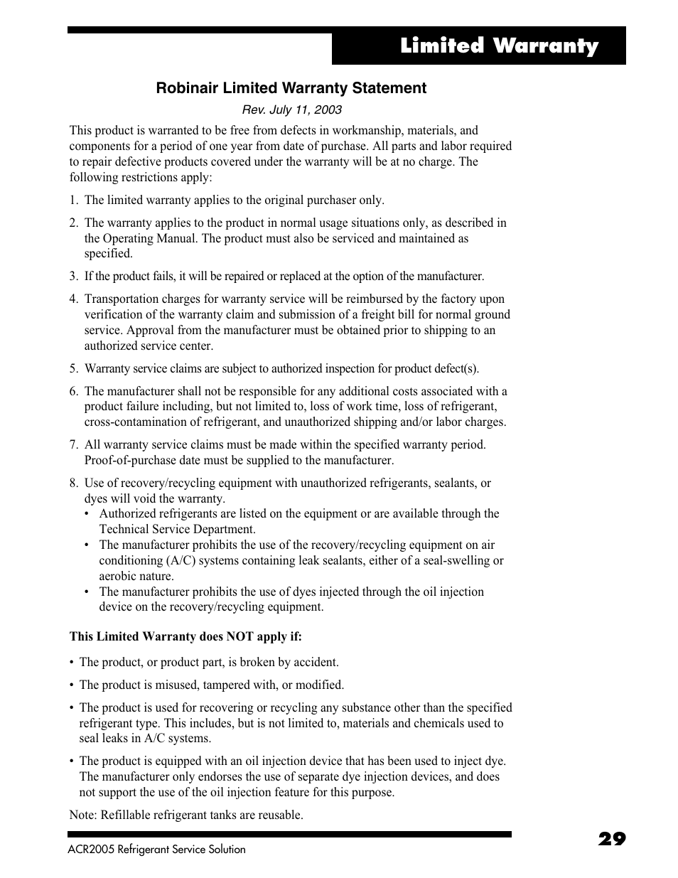 Limited warranty | Robinair ACR2005 Air Conditioning and Refrigerant Service Solution User Manual | Page 31 / 32