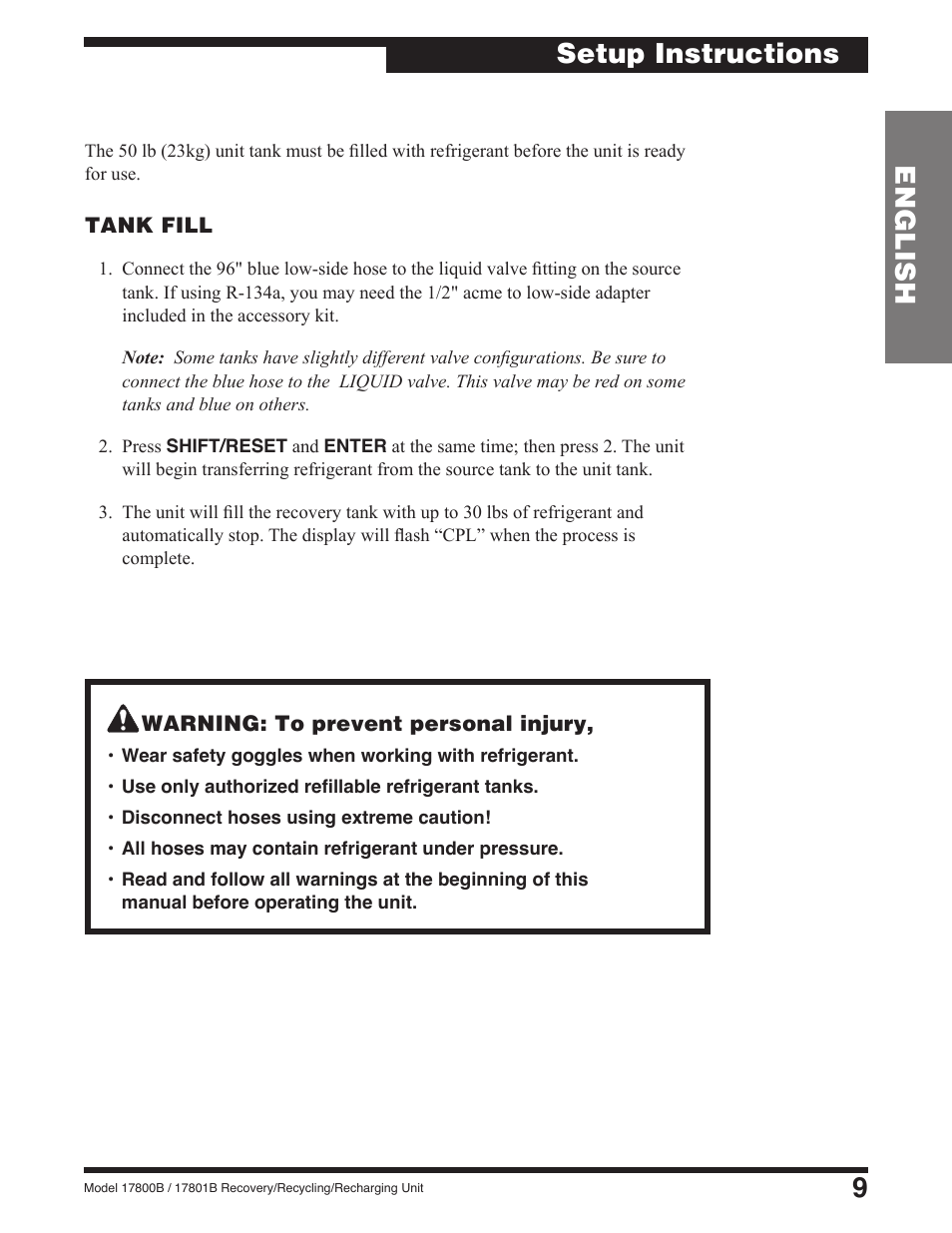 9english setup instructions | Robinair 17801B Recovery, Recycling, Recharging Unit User Manual | Page 11 / 52