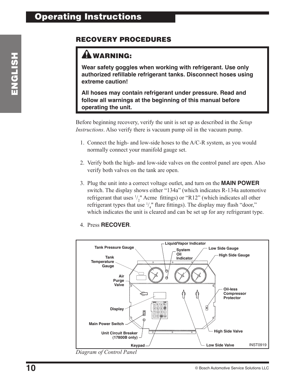 10 english operating instructions, Recovery procedures warning | Robinair 17801B Recovery, Recycling, Recharging Unit User Manual | Page 12 / 52