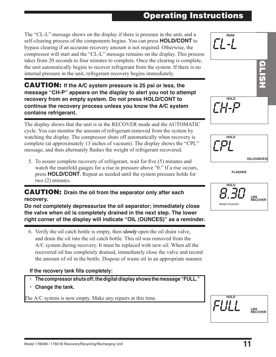 Cl-l, Ch-p cpl 8.30 full, 11 english | Operating instructions | Robinair 17801B Recovery, Recycling, Recharging Unit User Manual | Page 13 / 52