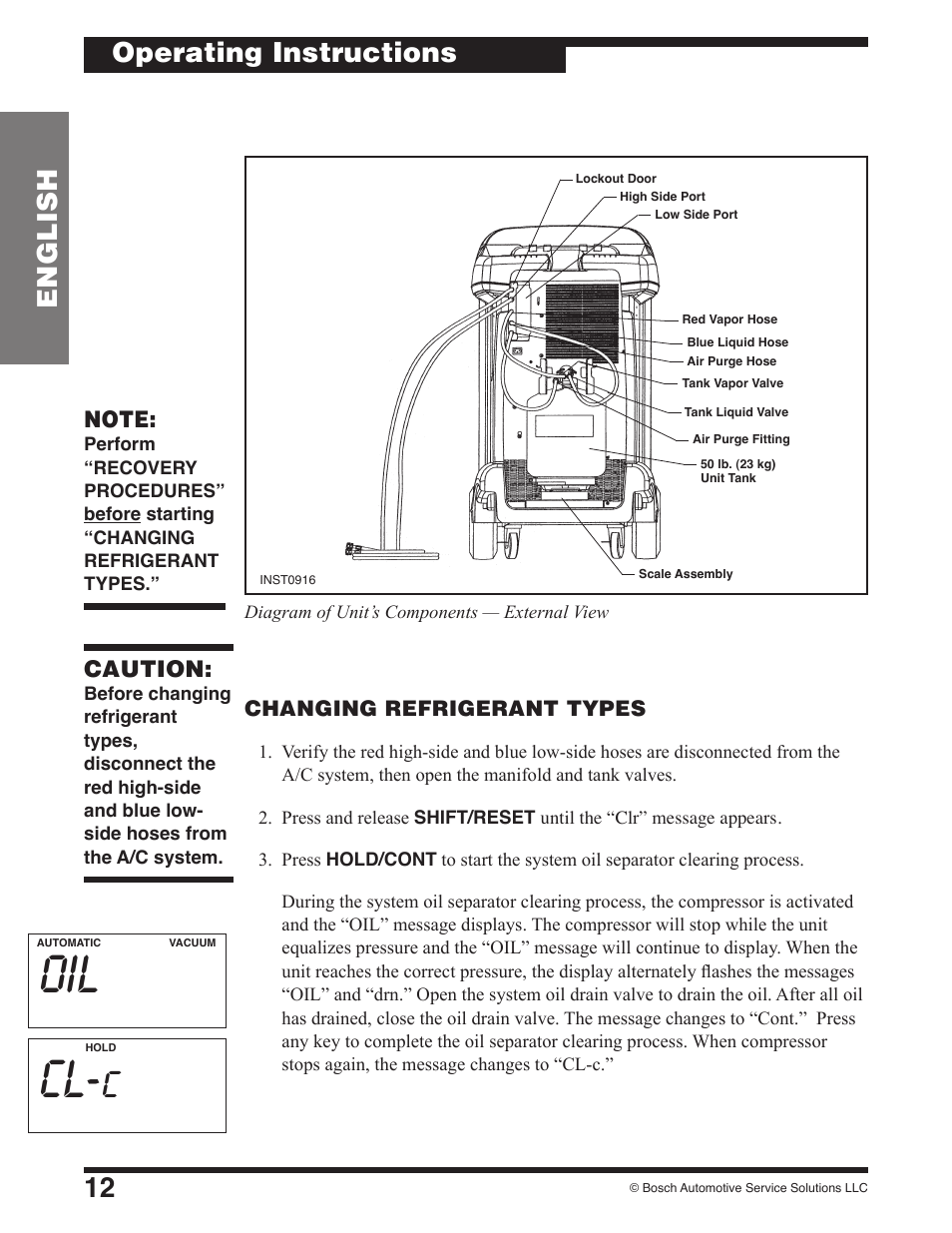 Cl-c, 12 english operating instructions, Caution | Robinair 17801B Recovery, Recycling, Recharging Unit User Manual | Page 14 / 52