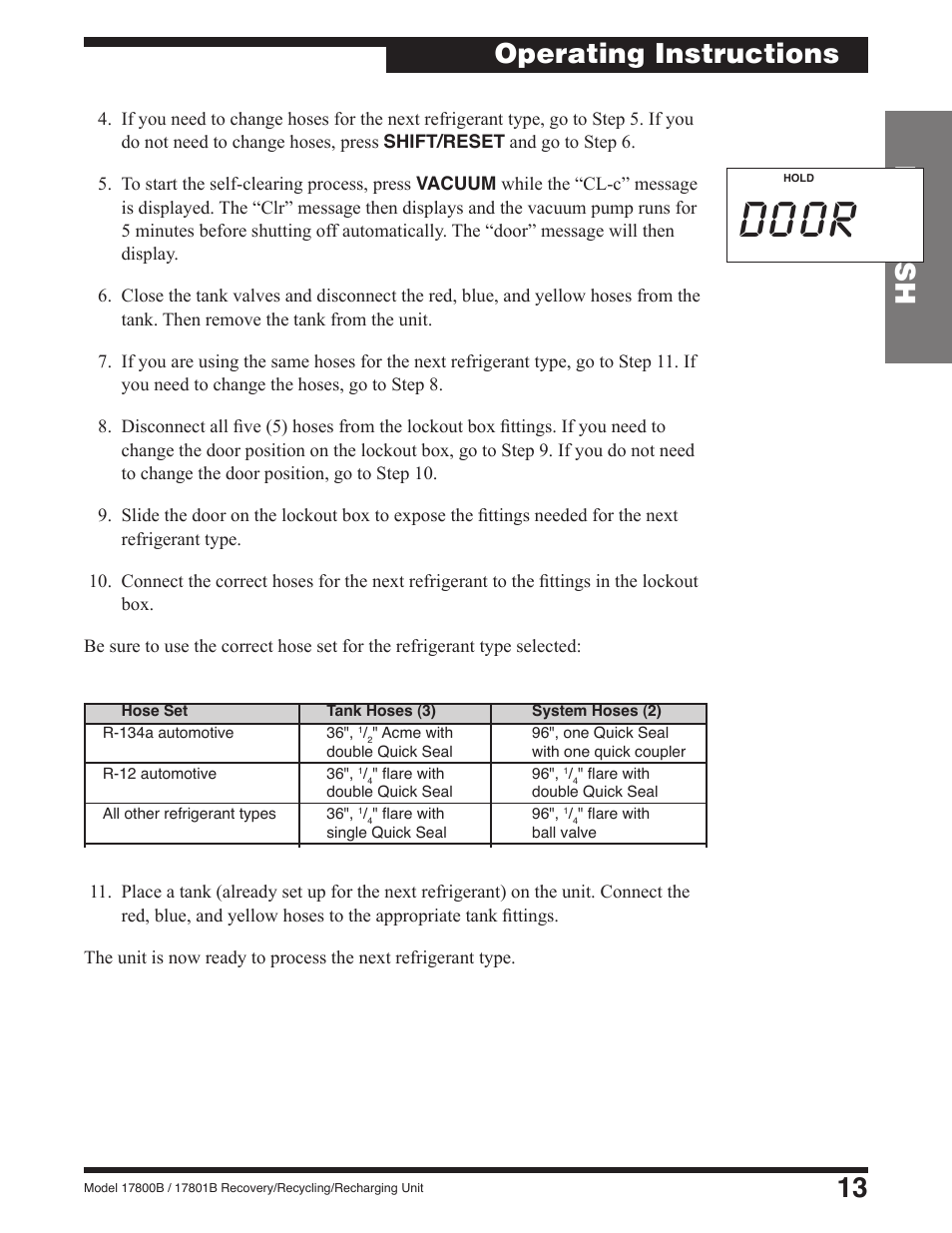 Door, 13 english, Operating instructions | Robinair 17801B Recovery, Recycling, Recharging Unit User Manual | Page 15 / 52