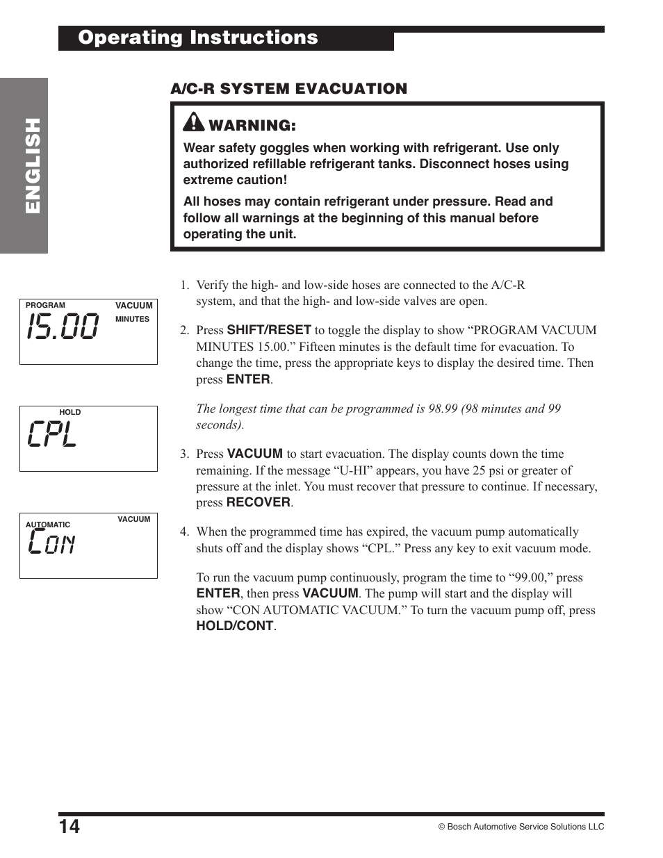 Con i5.00, 14 english operating instructions | Robinair 17801B Recovery, Recycling, Recharging Unit User Manual | Page 16 / 52