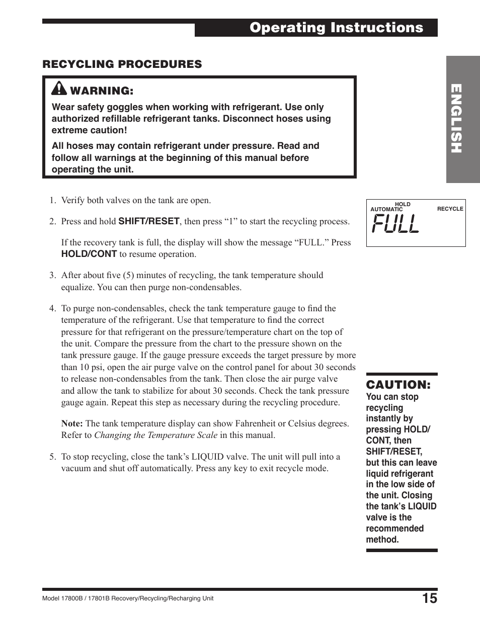 Full, 15 english, Operating instructions | Caution | Robinair 17801B Recovery, Recycling, Recharging Unit User Manual | Page 17 / 52