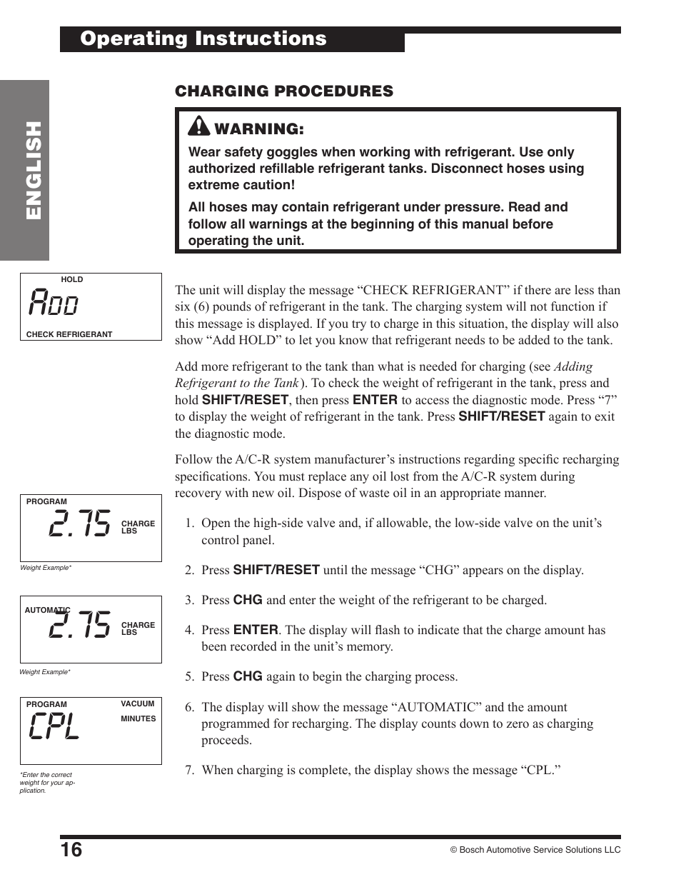 16 english operating instructions | Robinair 17801B Recovery, Recycling, Recharging Unit User Manual | Page 18 / 52