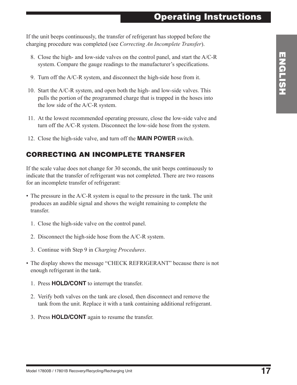 17 english, Operating instructions | Robinair 17801B Recovery, Recycling, Recharging Unit User Manual | Page 19 / 52