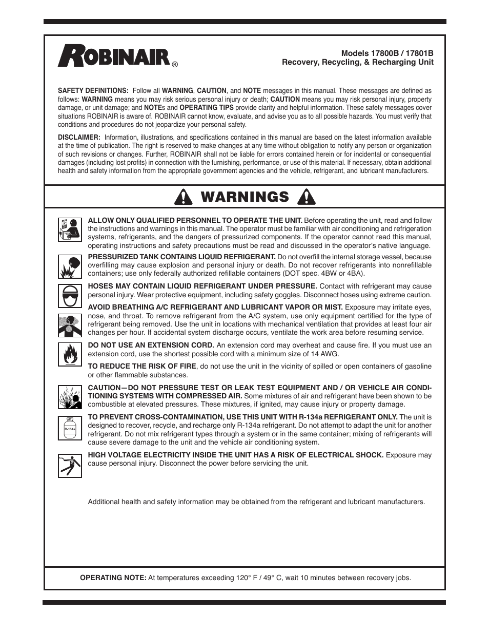 Warnings | Robinair 17801B Recovery, Recycling, Recharging Unit User Manual | Page 2 / 52