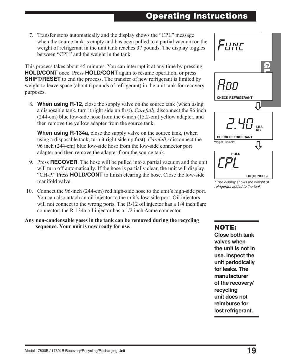 Func, 19 english, Operating instructions | Robinair 17801B Recovery, Recycling, Recharging Unit User Manual | Page 21 / 52