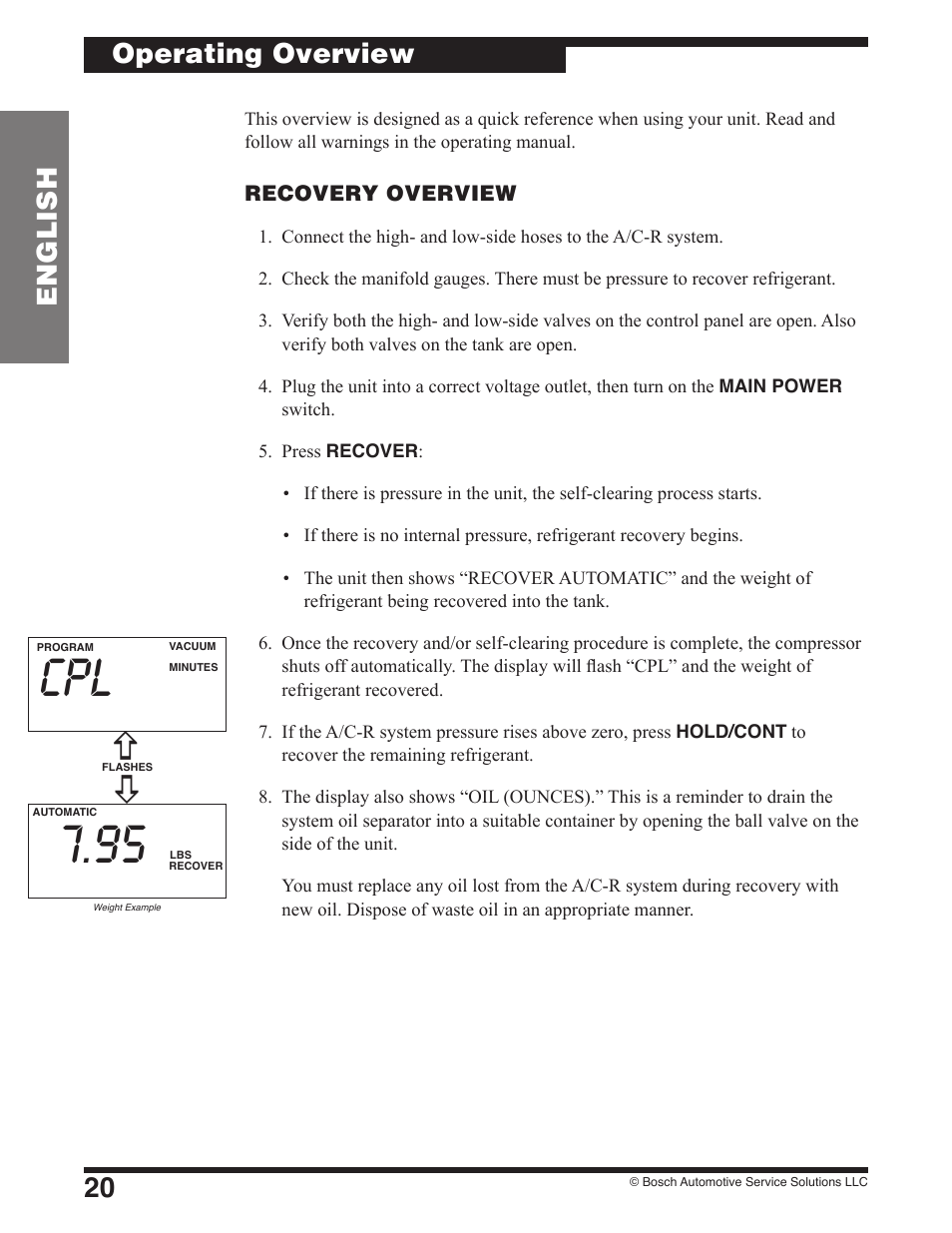 20 english, Operating overview | Robinair 17801B Recovery, Recycling, Recharging Unit User Manual | Page 22 / 52