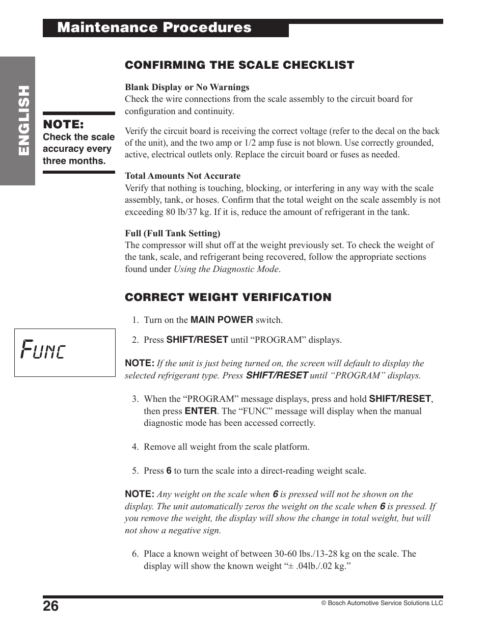 Func, 26 english, Maintenance procedures | Robinair 17801B Recovery, Recycling, Recharging Unit User Manual | Page 28 / 52