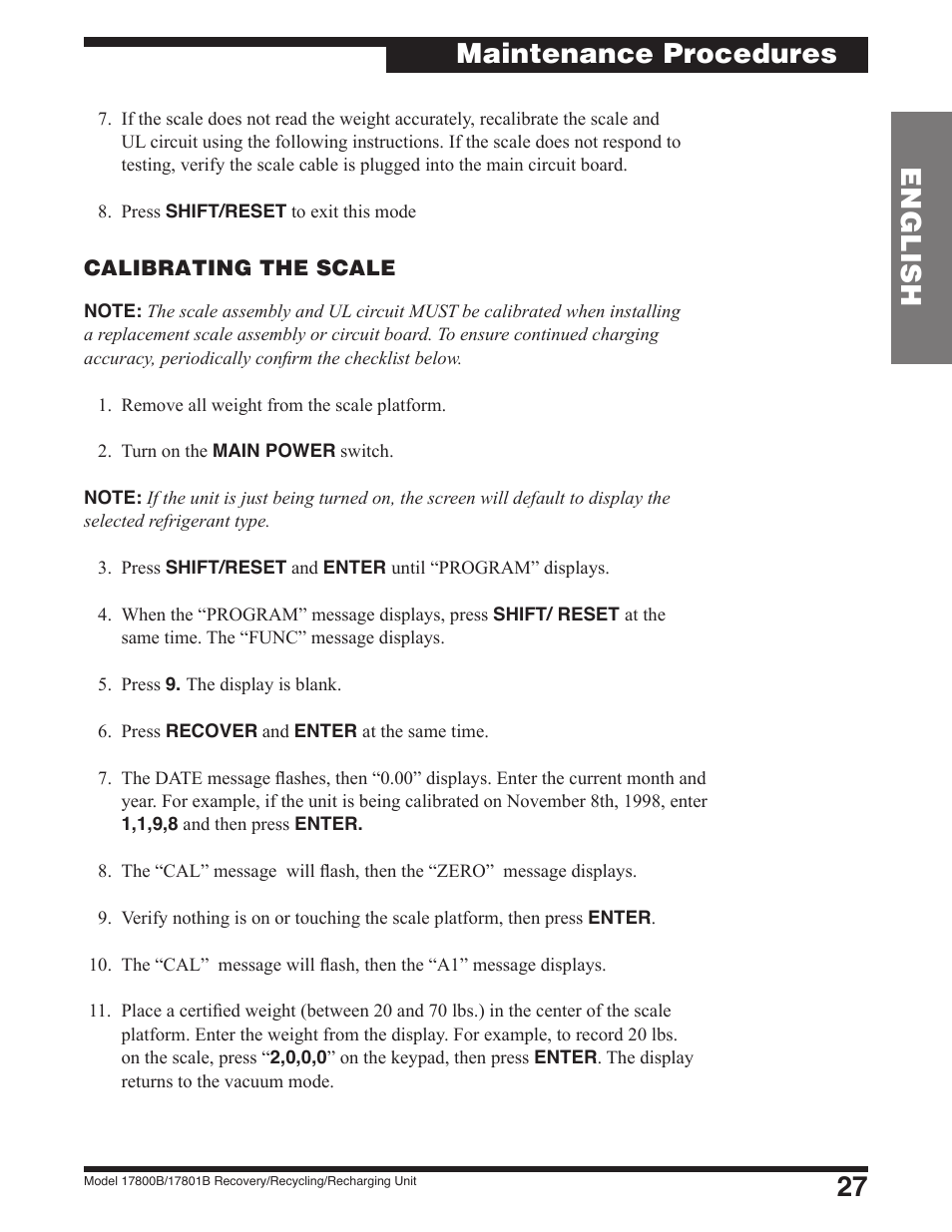 27 english, Maintenance procedures | Robinair 17801B Recovery, Recycling, Recharging Unit User Manual | Page 29 / 52