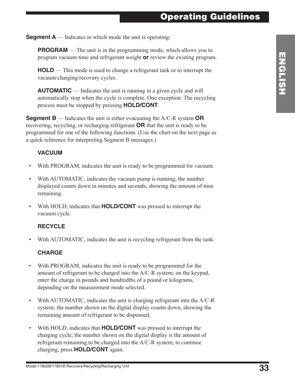 33 english, Operating guidelines | Robinair 17801B Recovery, Recycling, Recharging Unit User Manual | Page 35 / 52