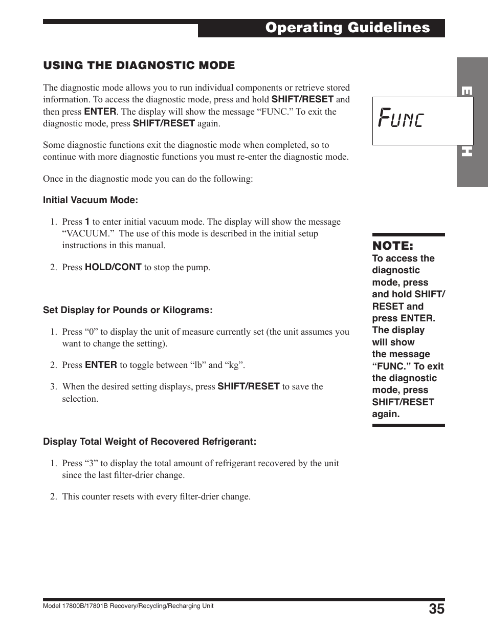 Func, 35 english, Operating guidelines | Robinair 17801B Recovery, Recycling, Recharging Unit User Manual | Page 37 / 52