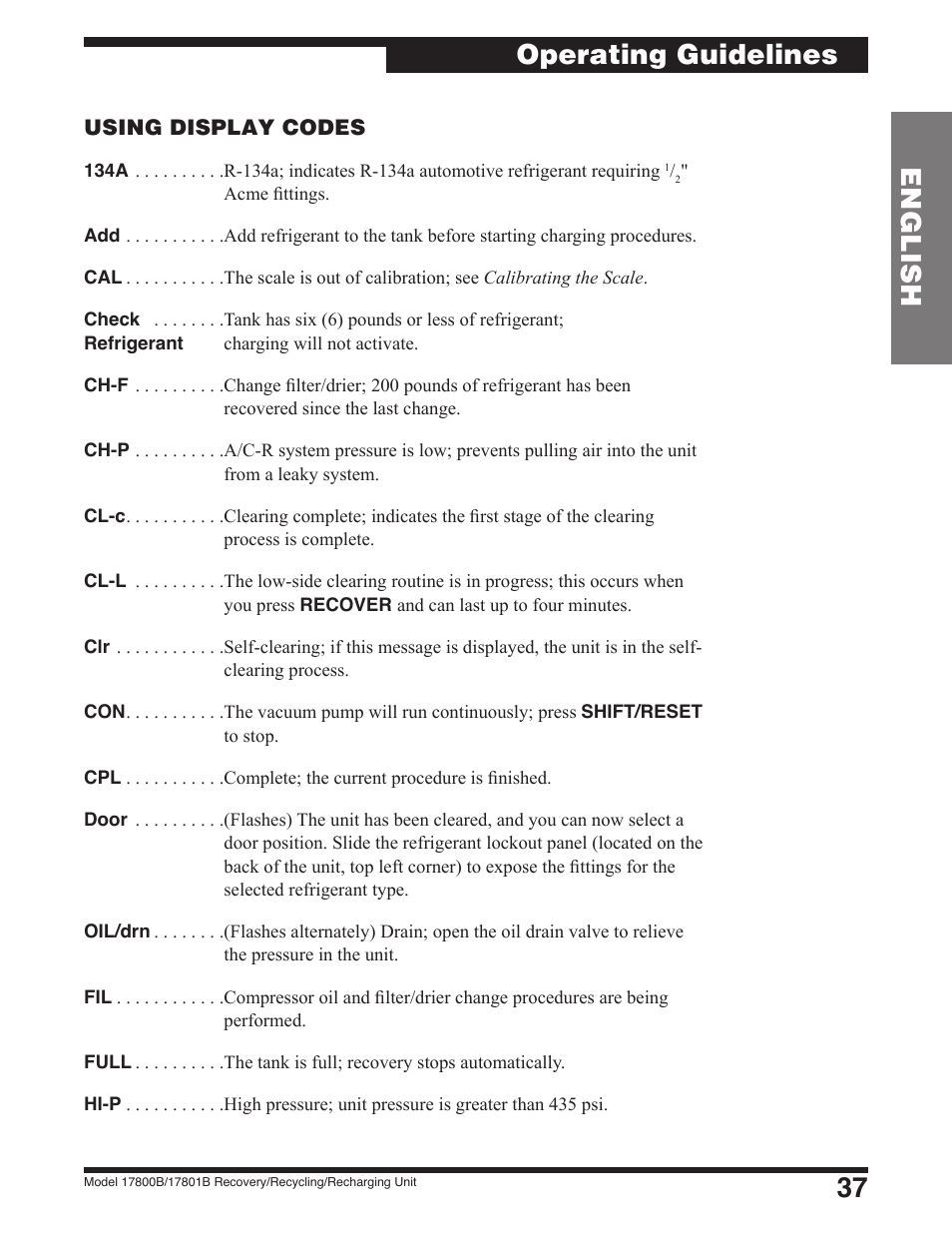 37 english, Operating guidelines | Robinair 17801B Recovery, Recycling, Recharging Unit User Manual | Page 39 / 52