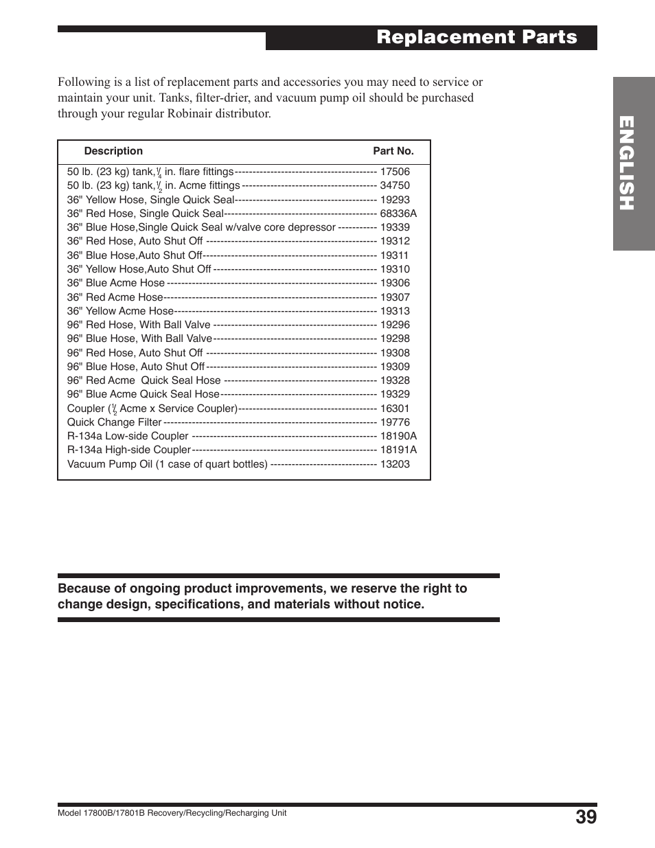 39 english, Replacement parts | Robinair 17801B Recovery, Recycling, Recharging Unit User Manual | Page 41 / 52