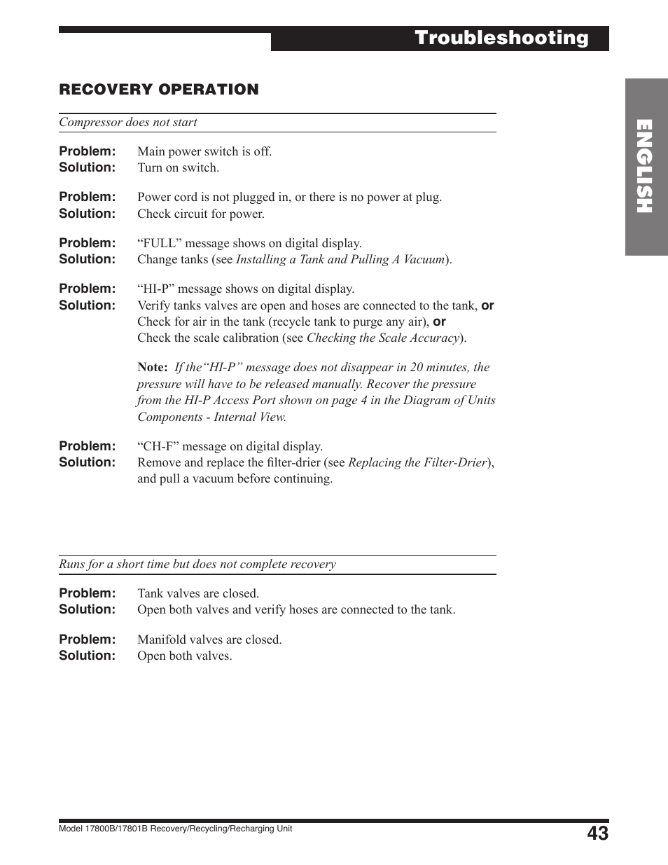 43 english, Troubleshooting | Robinair 17801B Recovery, Recycling, Recharging Unit User Manual | Page 45 / 52