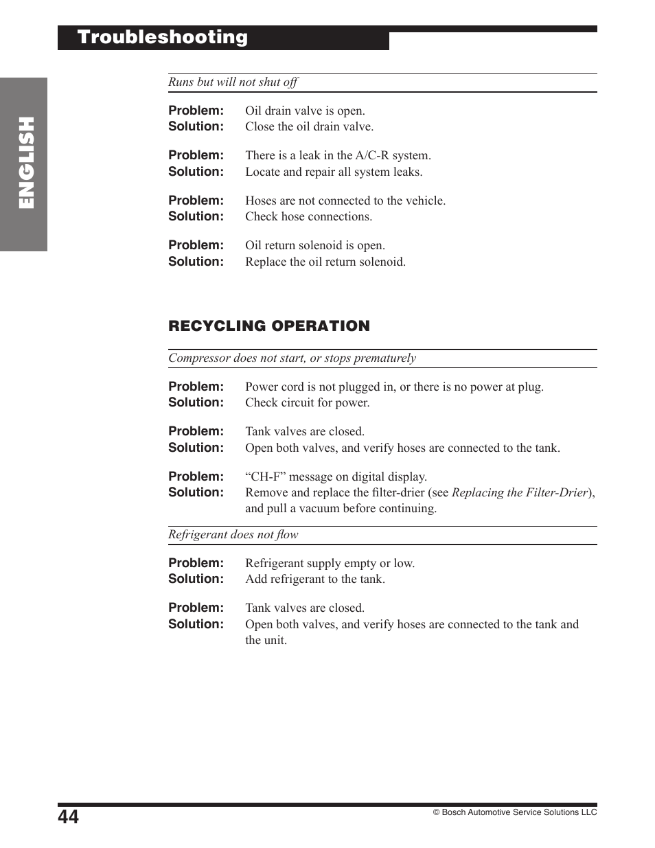 44 english, Troubleshooting | Robinair 17801B Recovery, Recycling, Recharging Unit User Manual | Page 46 / 52