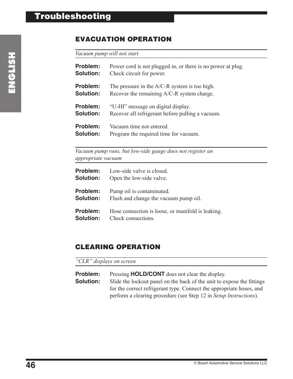 46 english, Troubleshooting | Robinair 17801B Recovery, Recycling, Recharging Unit User Manual | Page 48 / 52