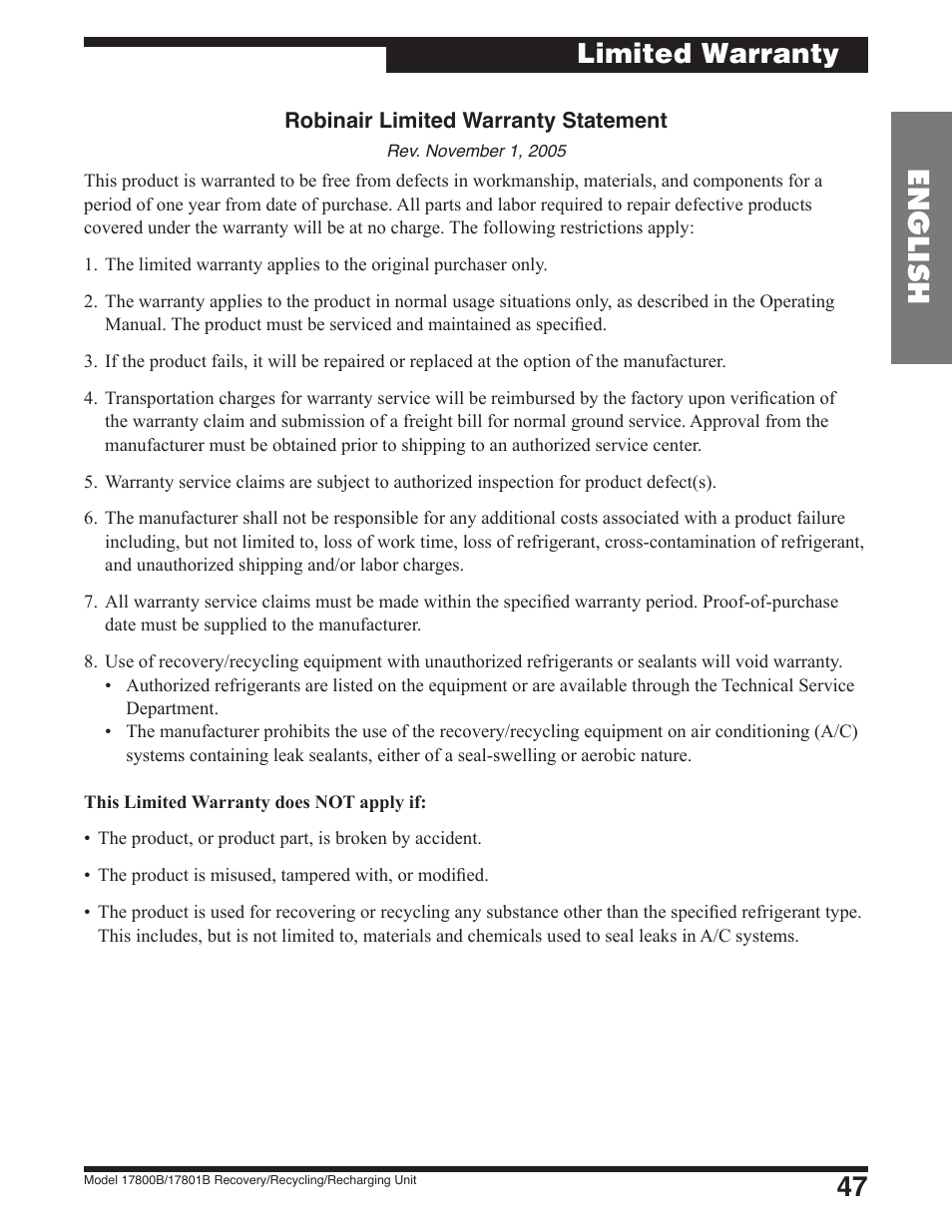 47 english, Limited warranty | Robinair 17801B Recovery, Recycling, Recharging Unit User Manual | Page 49 / 52