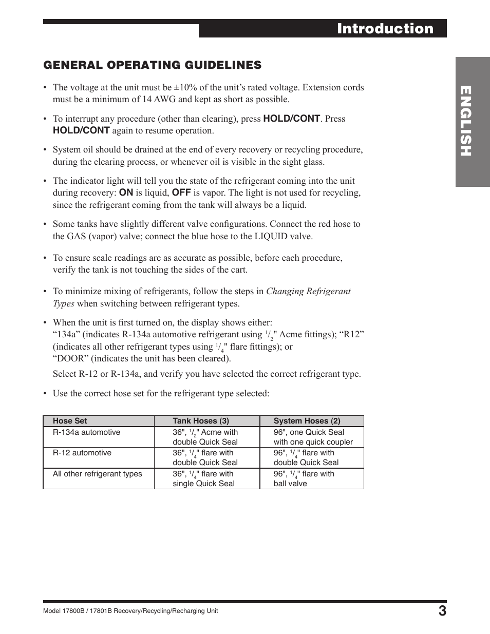 3english, Introduction, General operating guidelines | Robinair 17801B Recovery, Recycling, Recharging Unit User Manual | Page 5 / 52