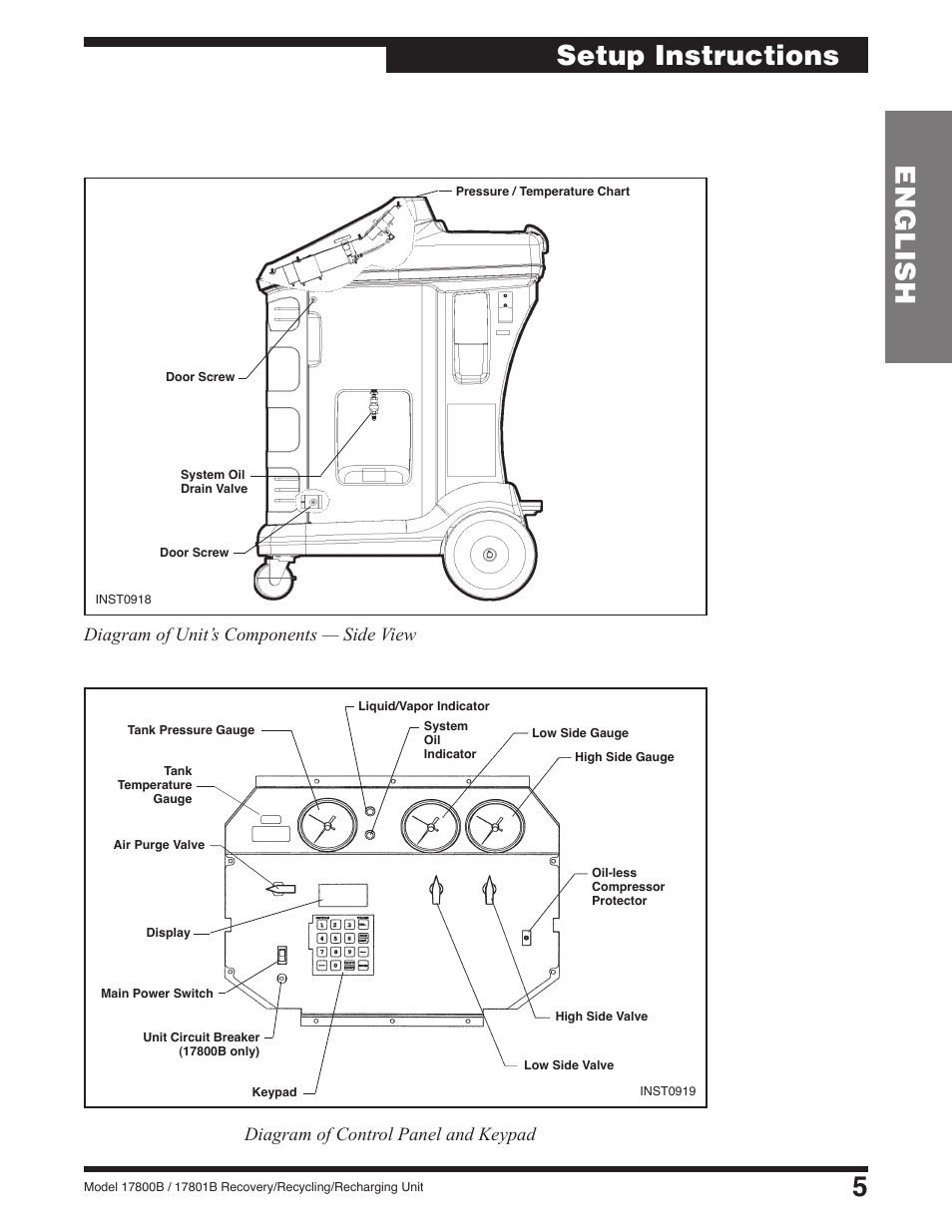 5english, Setup instructions | Robinair 17801B Recovery, Recycling, Recharging Unit User Manual | Page 7 / 52