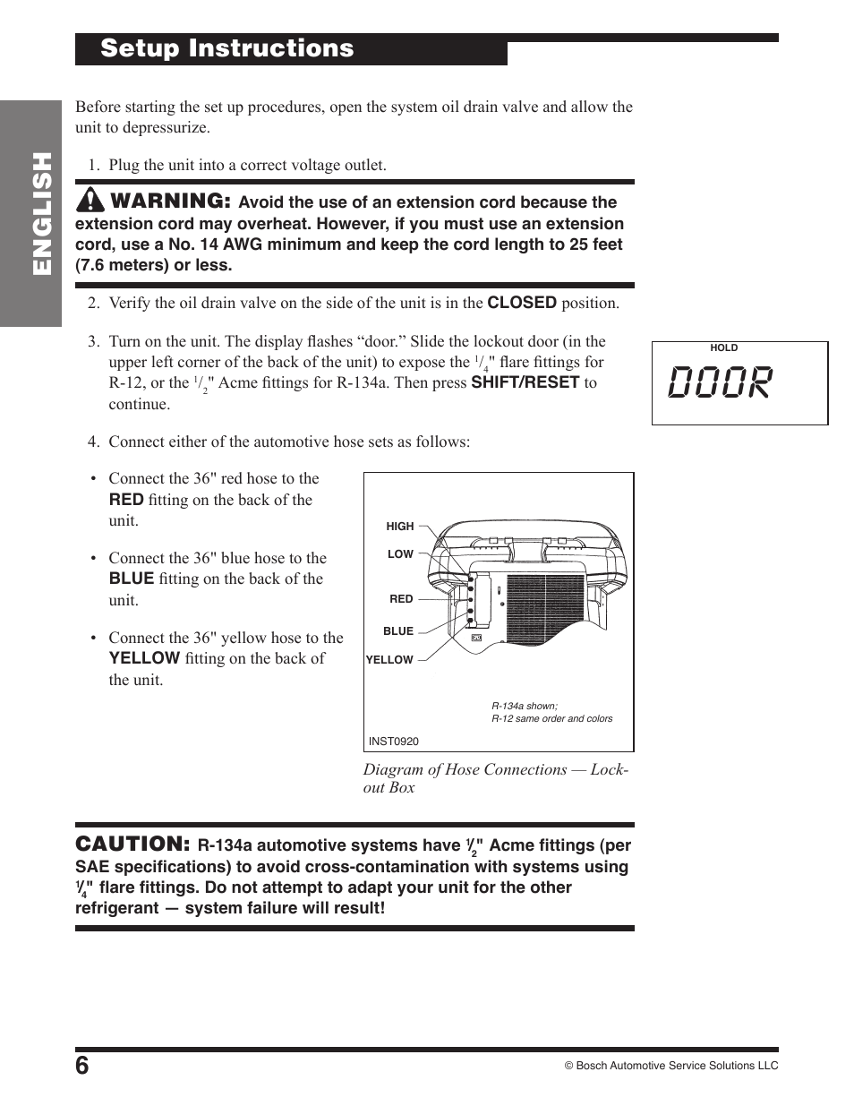 Door, 6english, Setup instructions | Warning, Caution | Robinair 17801B Recovery, Recycling, Recharging Unit User Manual | Page 8 / 52