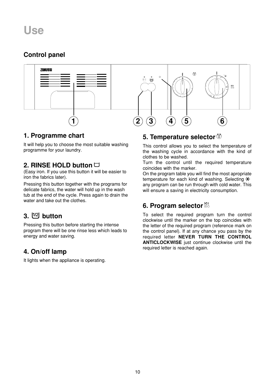 Programme chart, Rinse hold button, Button | On/off lamp, Temperature selector, Program selector, Control panel | Zanussi FA 722 User Manual | Page 10 / 42