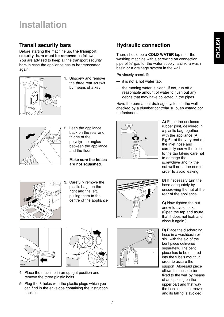 Installation, Transit security bars, Hydraulic connection | English | Zanussi FA 722 User Manual | Page 7 / 42