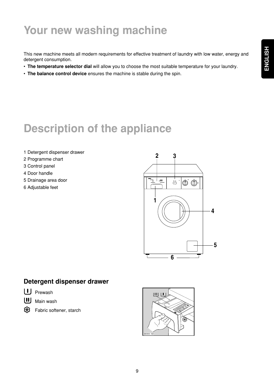 Detergent dispenser drawer, English | Zanussi FA 722 User Manual | Page 9 / 42