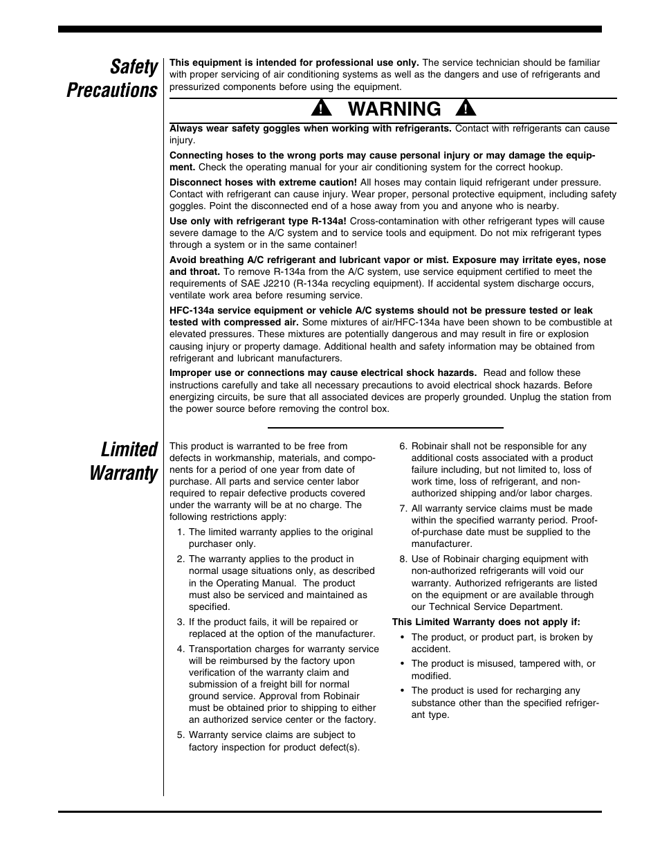 Warning, Safety precautions, Limited warranty | Robinair 34100 Automatic A-C Charging Station User Manual | Page 2 / 16