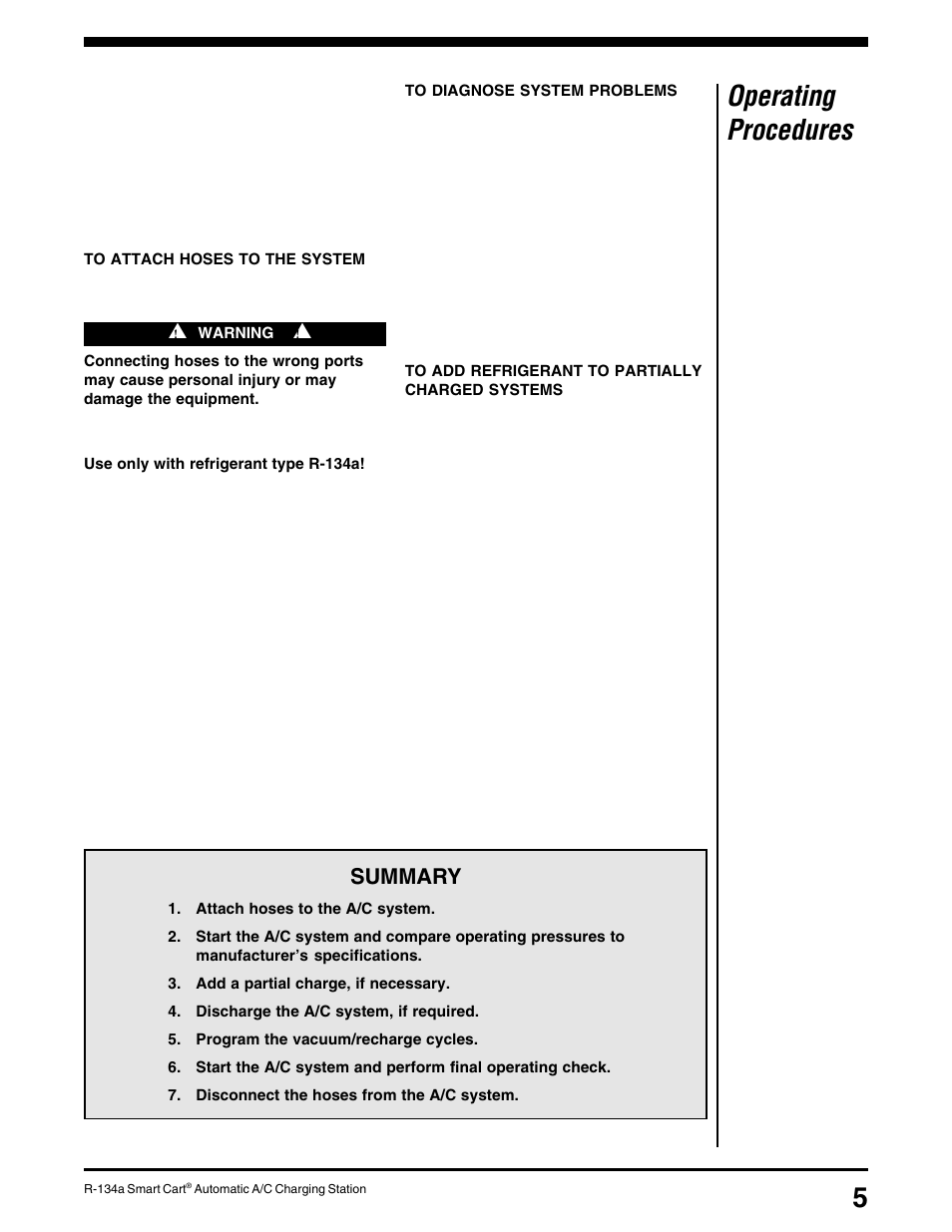 Operating procedures, Summary | Robinair 34100 Automatic A-C Charging Station User Manual | Page 7 / 16