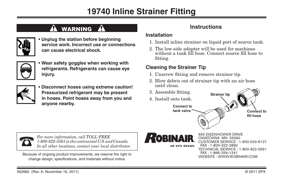 Robinair 19740 Inline Strainer Fitting User Manual | 1 page