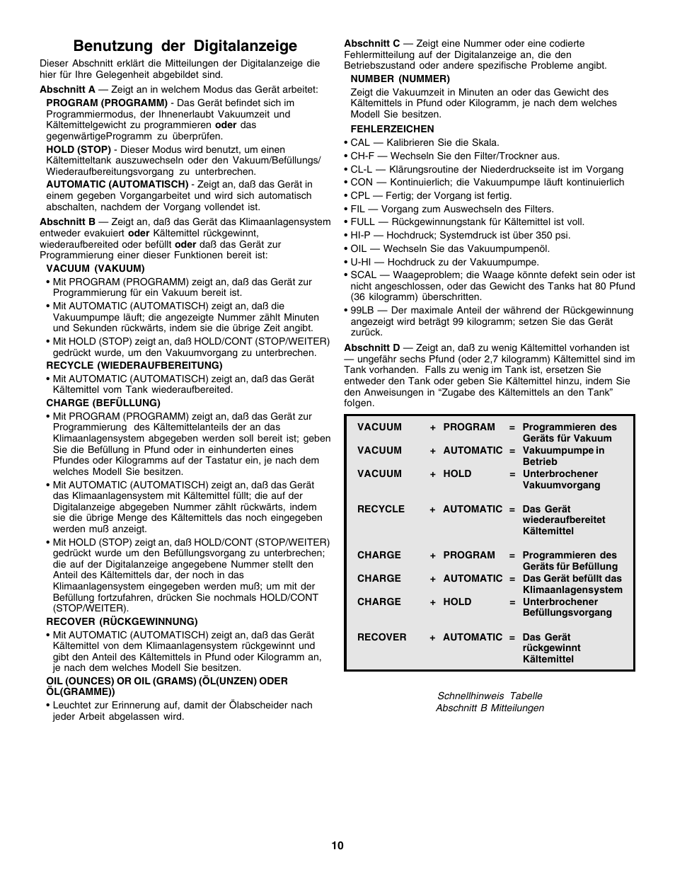 Benutzung der digitalanzeige | Robinair 17700 Series Recovery, Recycling, Recharging System User Manual | Page 11 / 44