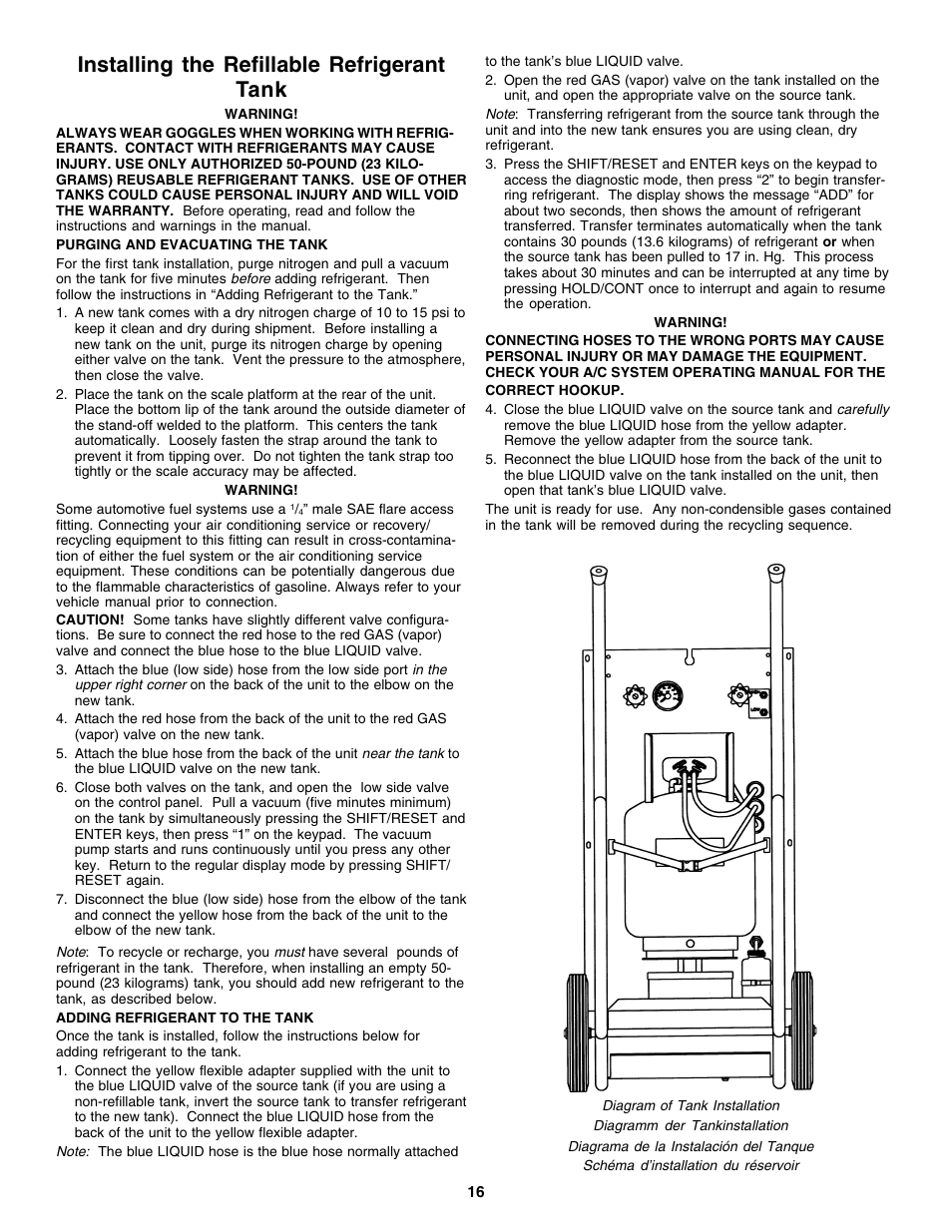 Installing the refillable refrigerant tank | Robinair 17700 Series Recovery, Recycling, Recharging System User Manual | Page 17 / 44