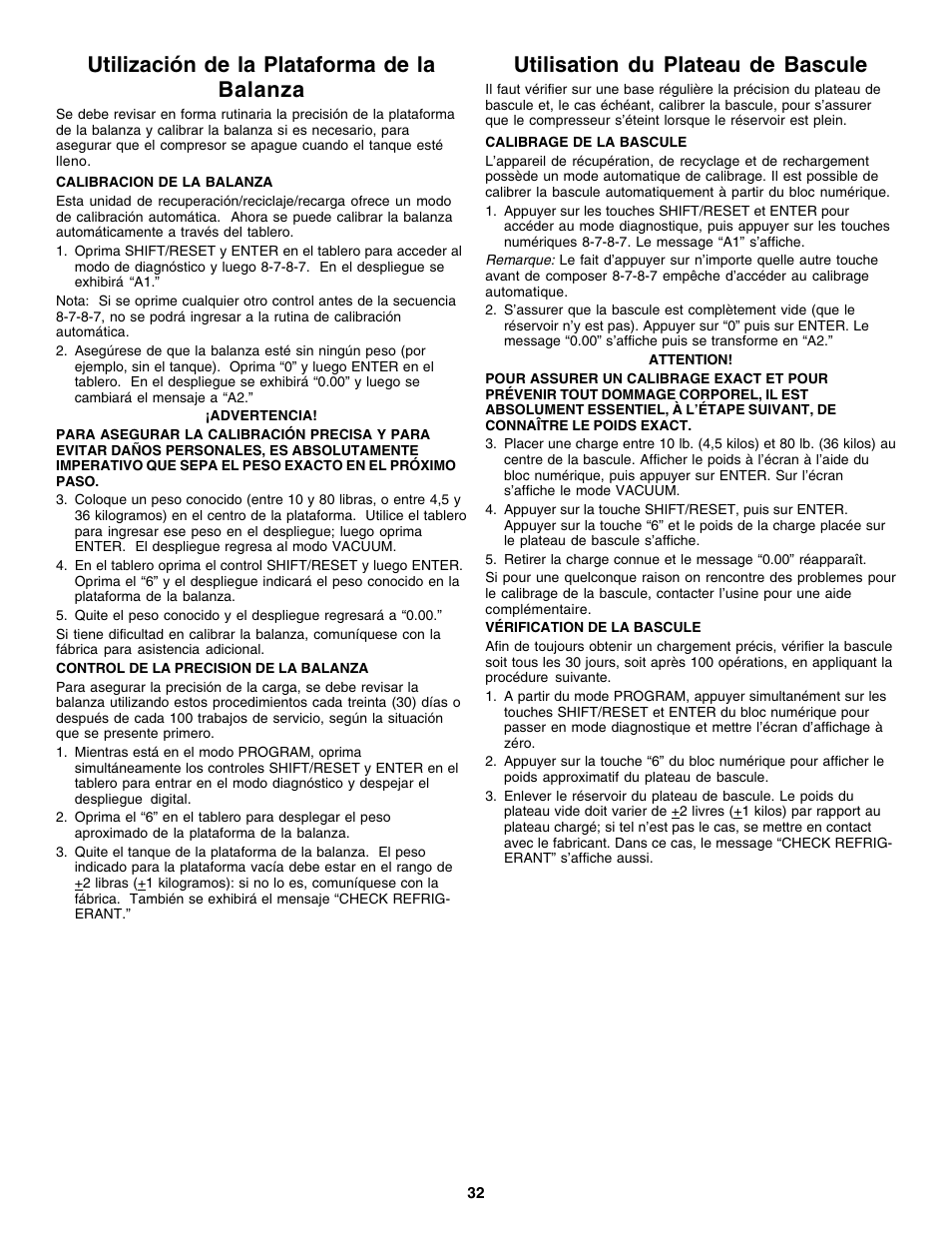 Utilización de la plataforma de la balanza, Utilisation du plateau de bascule | Robinair 17700 Series Recovery, Recycling, Recharging System User Manual | Page 33 / 44