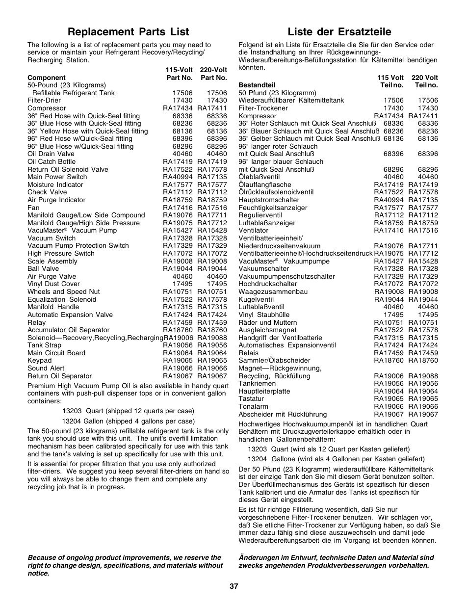 Replacement parts list, Liste der ersatzteile | Robinair 17700 Series Recovery, Recycling, Recharging System User Manual | Page 38 / 44