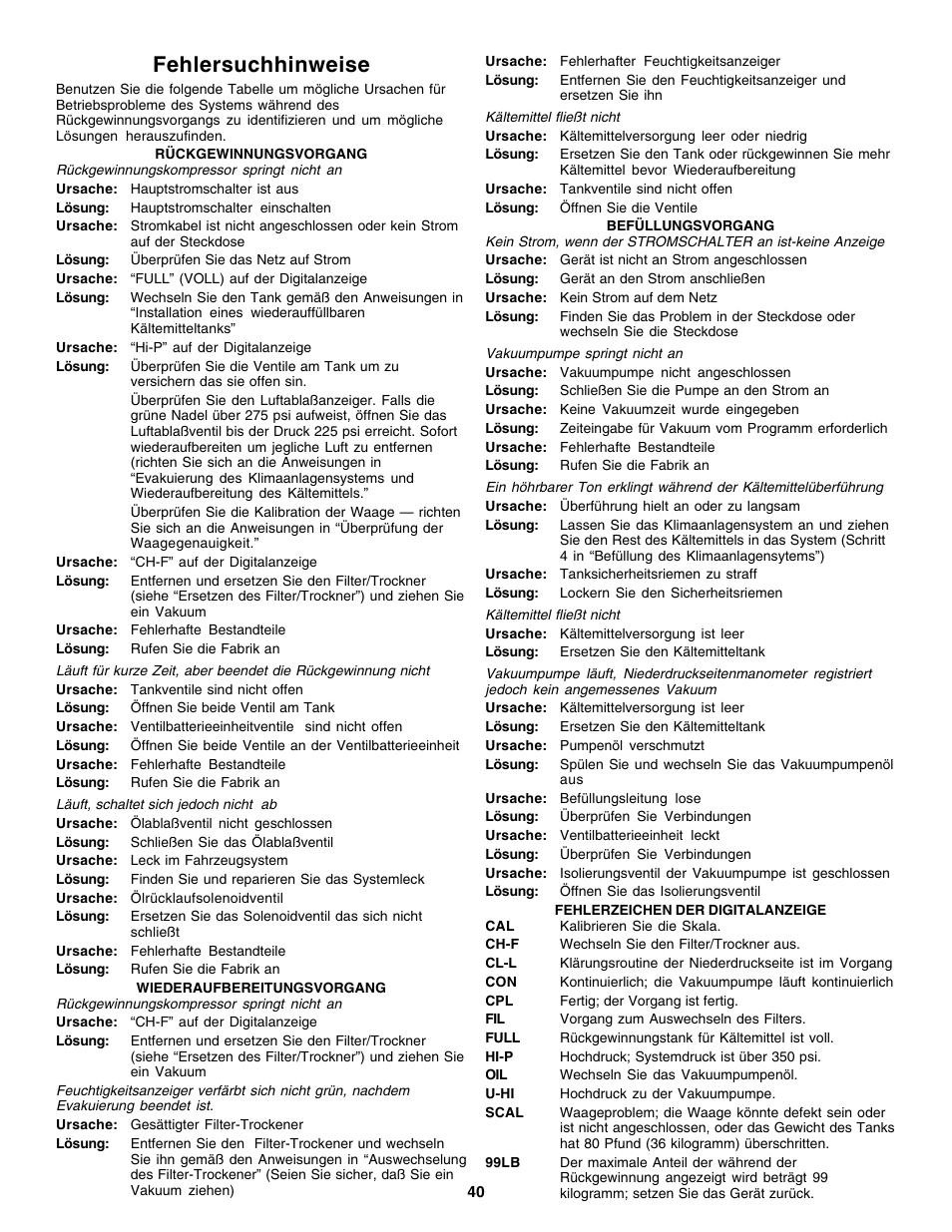 Fehlersuchhinweise | Robinair 17700 Series Recovery, Recycling, Recharging System User Manual | Page 41 / 44