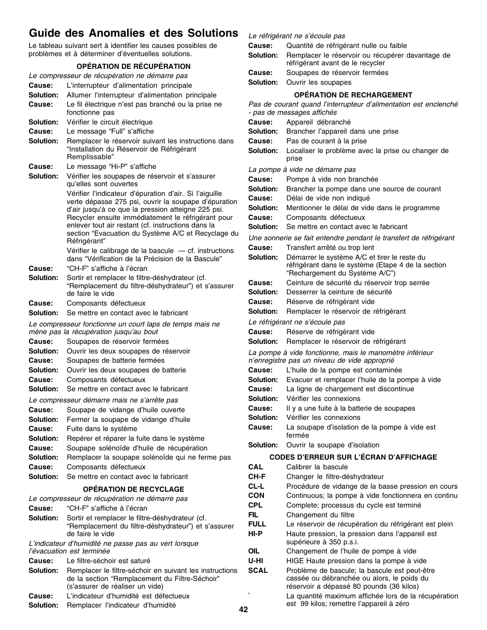 Guide des anomalies et des solutions | Robinair 17700 Series Recovery, Recycling, Recharging System User Manual | Page 43 / 44