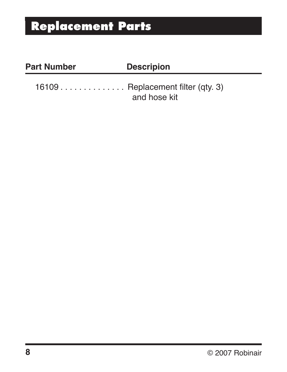 Replacement parts | Robinair 16009 DiscovR R134a Refrigerant Identifier User Manual | Page 10 / 12