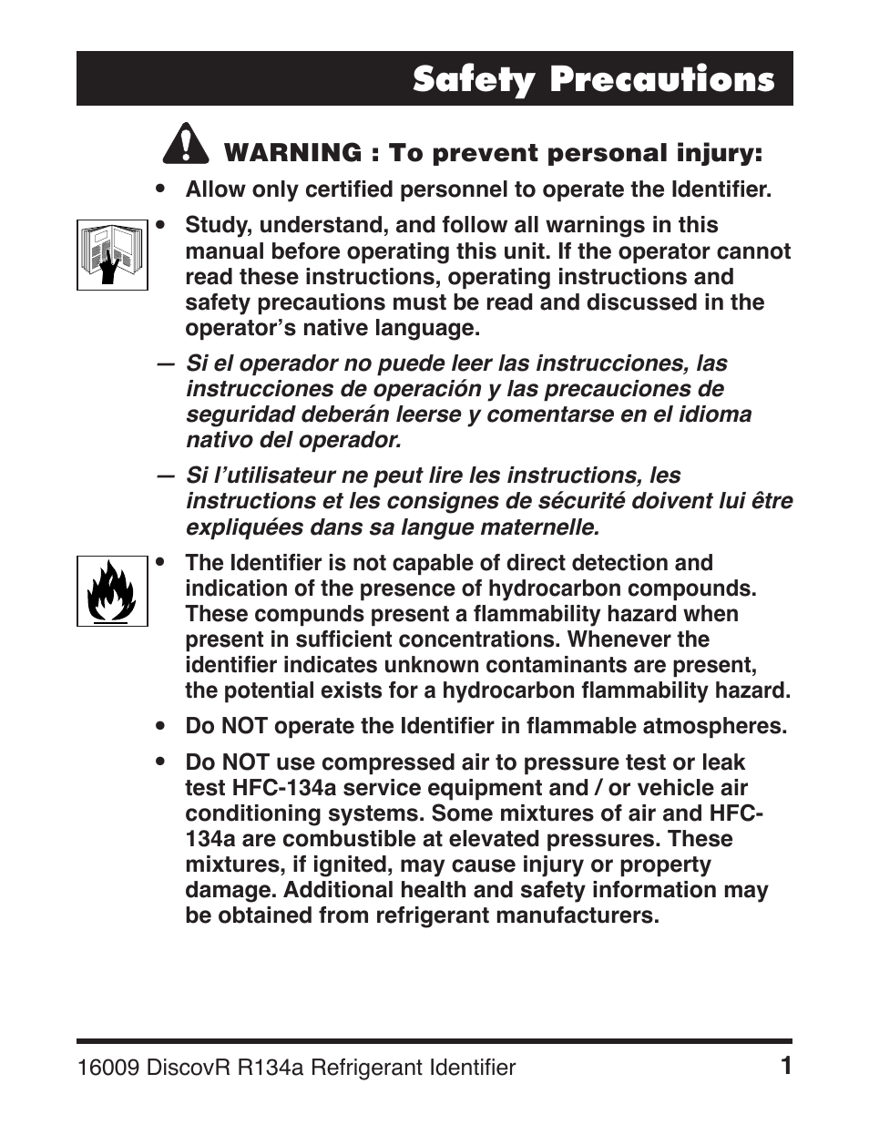 Safety precautions | Robinair 16009 DiscovR R134a Refrigerant Identifier User Manual | Page 3 / 12