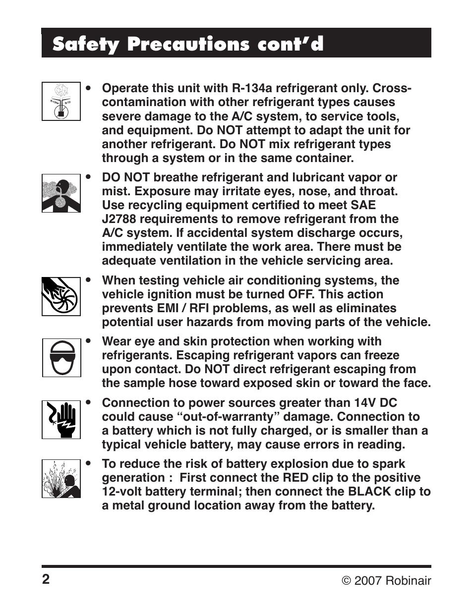 Safety precautions cont’d | Robinair 16009 DiscovR R134a Refrigerant Identifier User Manual | Page 4 / 12