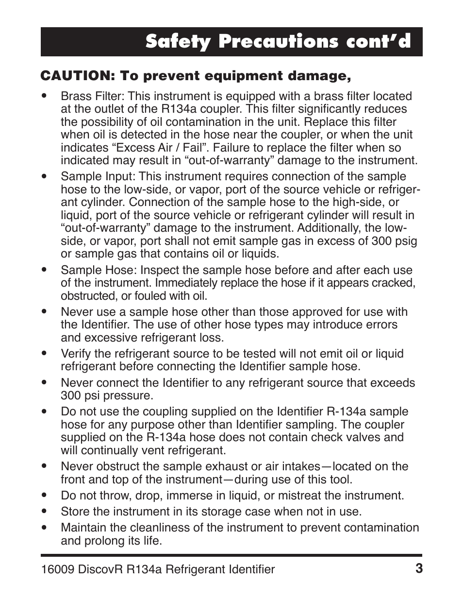 Safety precautions cont’d | Robinair 16009 DiscovR R134a Refrigerant Identifier User Manual | Page 5 / 12