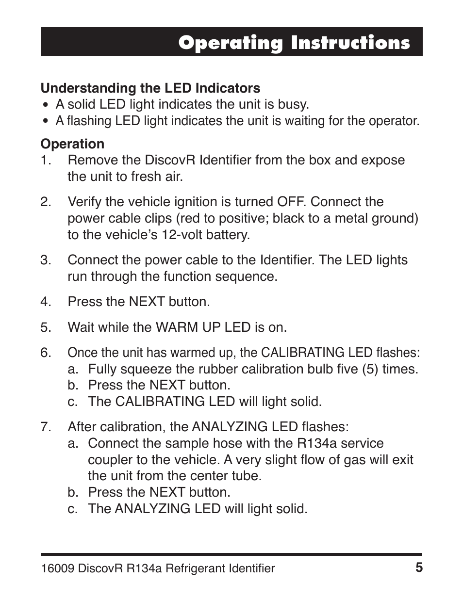 Operating instructions | Robinair 16009 DiscovR R134a Refrigerant Identifier User Manual | Page 7 / 12