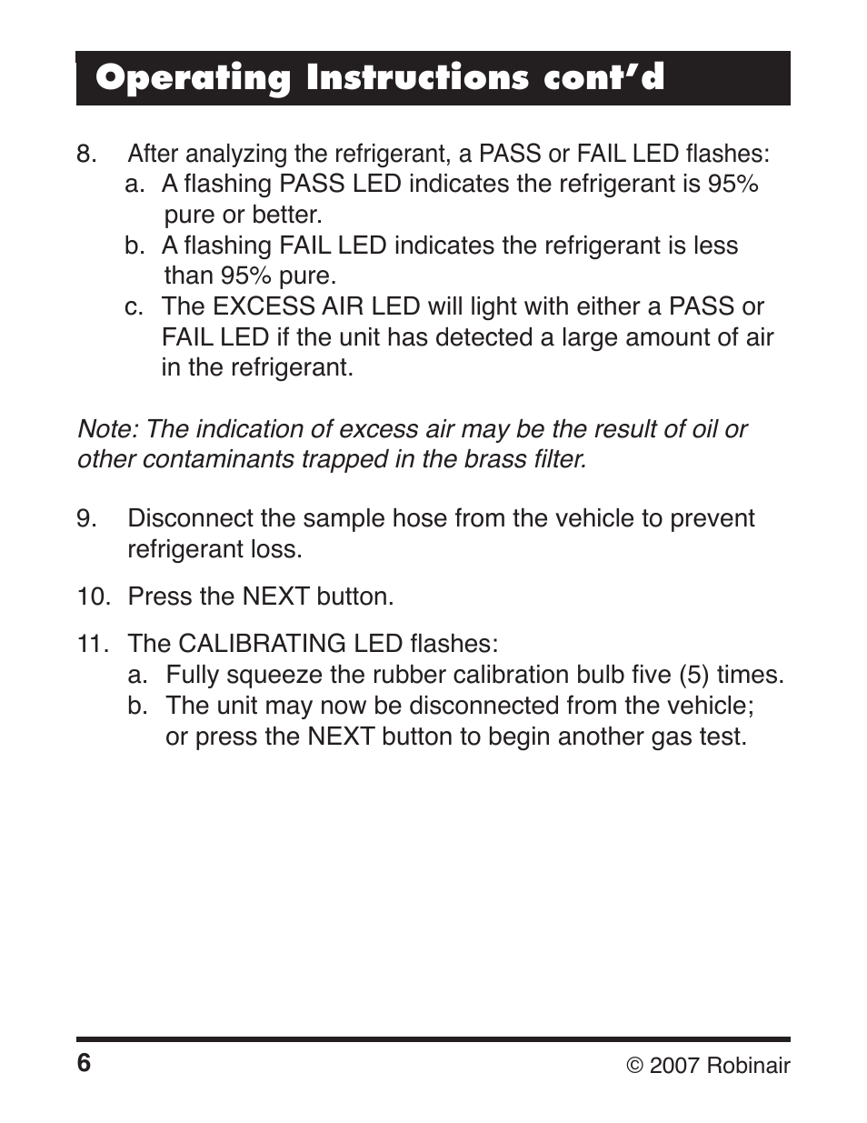 Operating instructions cont’d | Robinair 16009 DiscovR R134a Refrigerant Identifier User Manual | Page 8 / 12