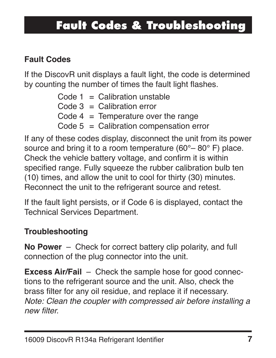 Fault codes & troubleshooting | Robinair 16009 DiscovR R134a Refrigerant Identifier User Manual | Page 9 / 12