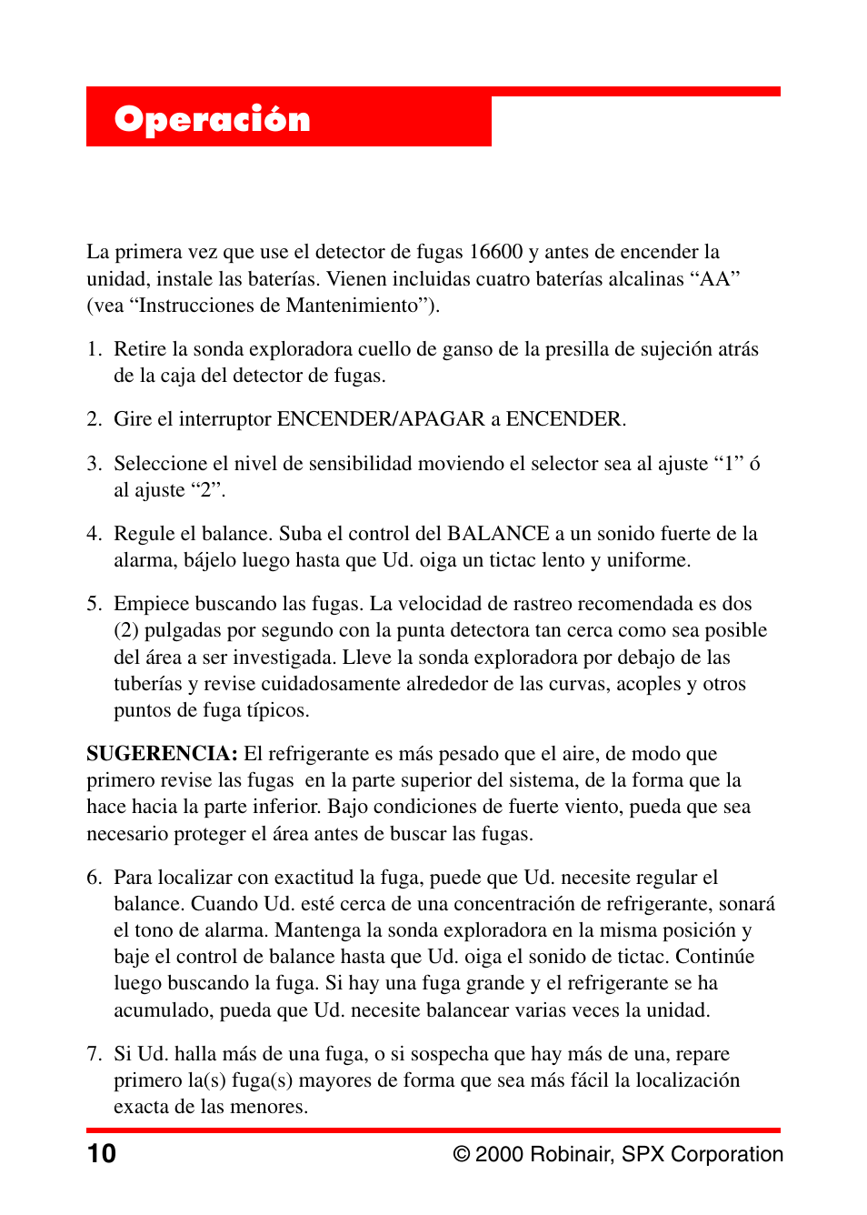 Operación | Robinair 16600 Electronic Leak Detector User Manual | Page 11 / 32