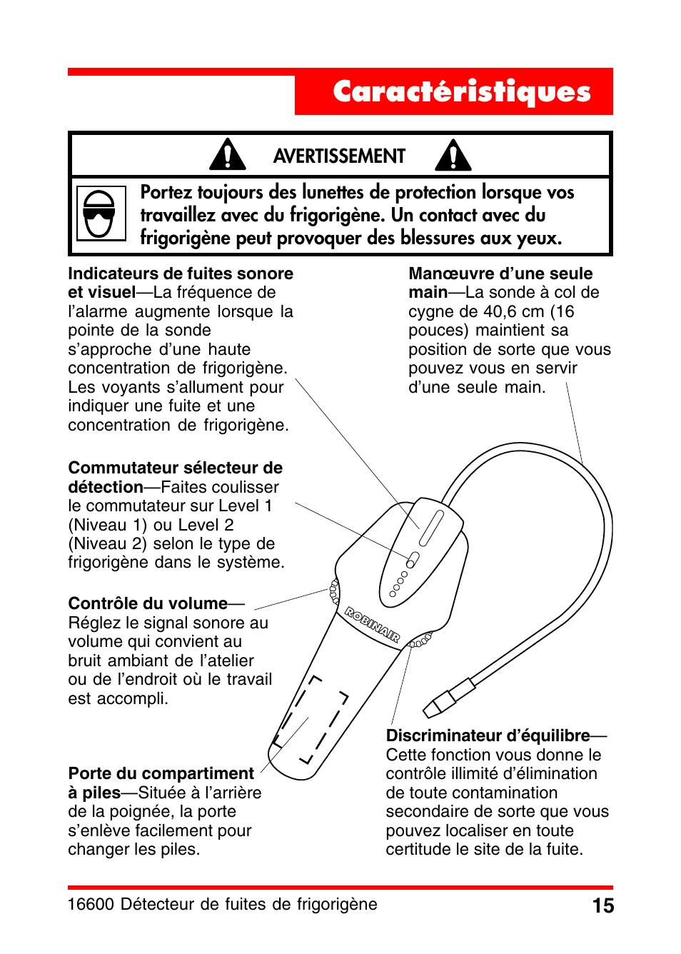 Caractéristiques | Robinair 16600 Electronic Leak Detector User Manual | Page 16 / 32