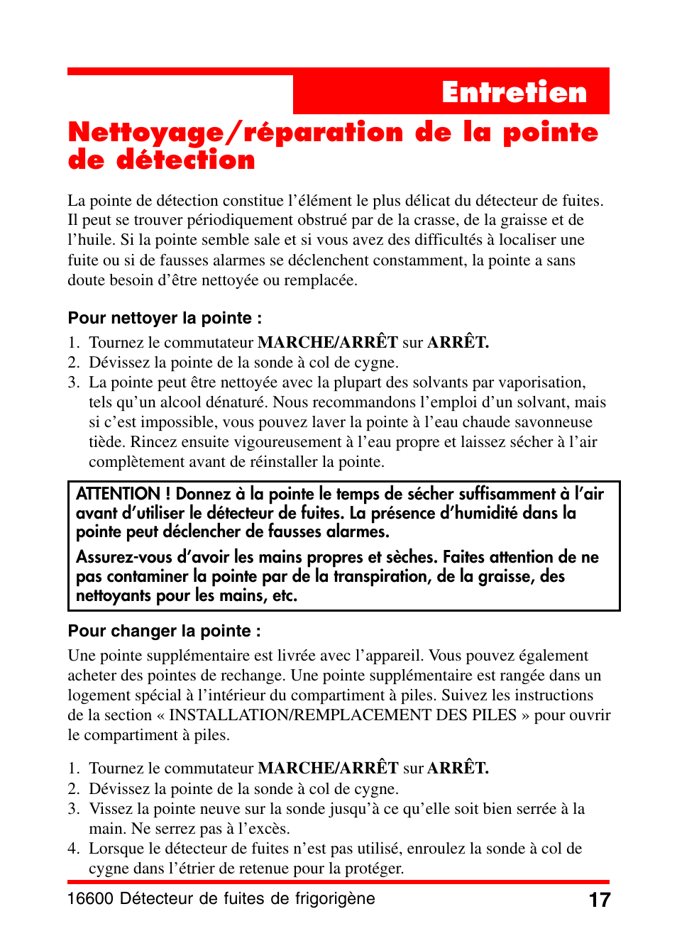 Entretien, Nettoyage/réparation de la pointe de détection | Robinair 16600 Electronic Leak Detector User Manual | Page 18 / 32