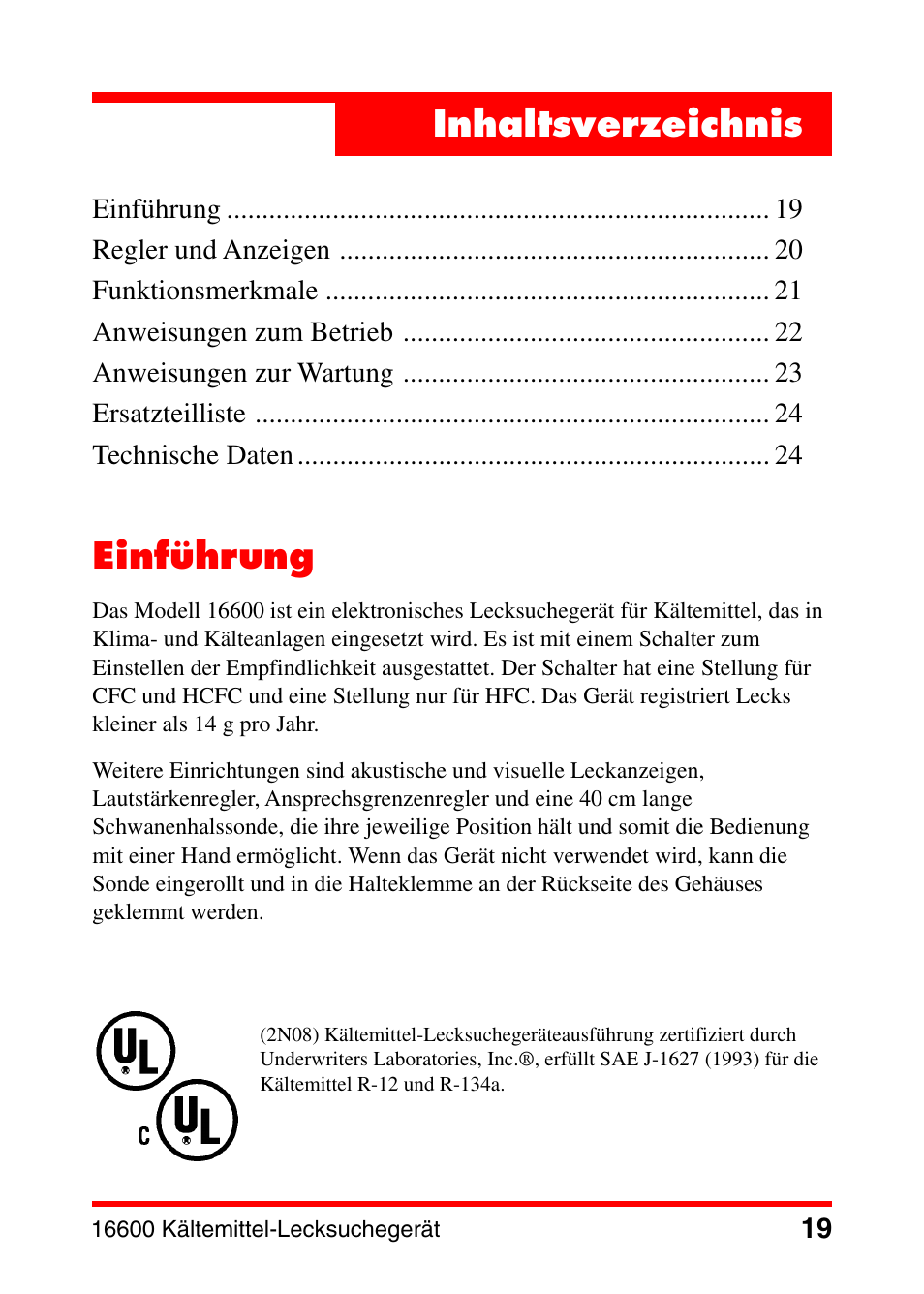 Inhaltsverzeichnis einführung | Robinair 16600 Electronic Leak Detector User Manual | Page 20 / 32