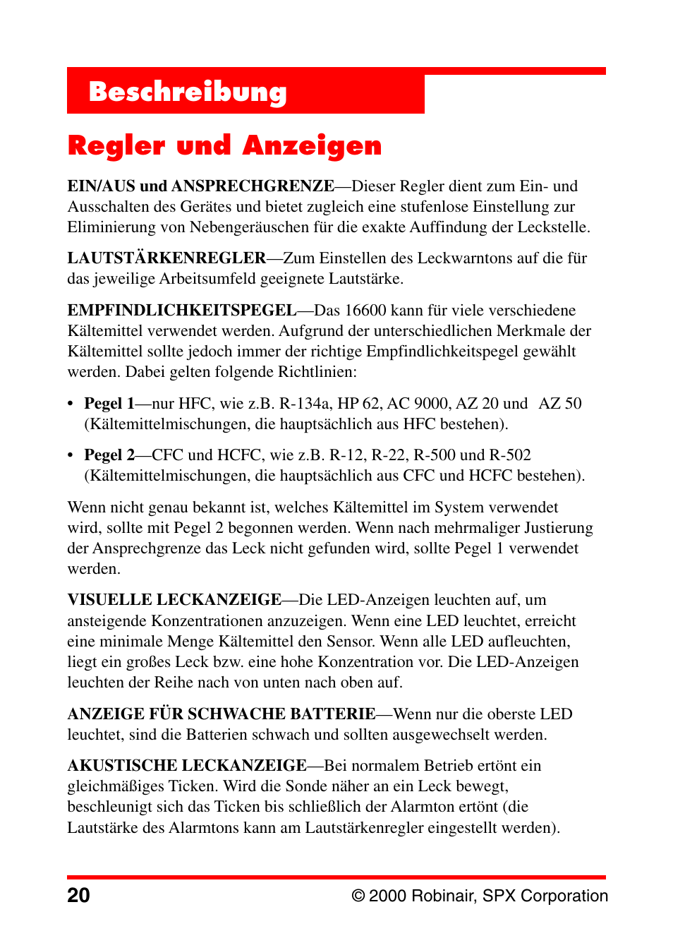 Beschreibung regler und anzeigen | Robinair 16600 Electronic Leak Detector User Manual | Page 21 / 32